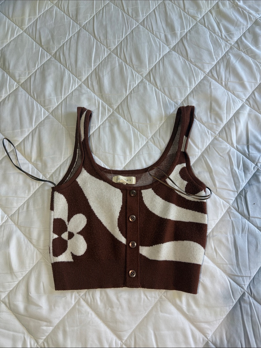 PacSun Brown & White Floral Knit Button-Front Crop Tank